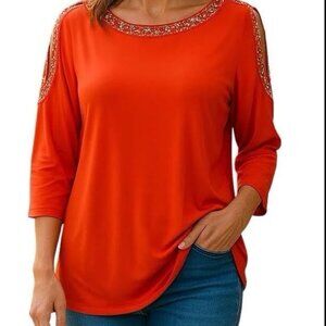 Susan Graver Liquid Knit Cold Shoulder Beaded Blouse Tangerine Plus Size 1X